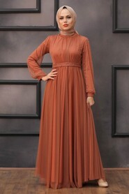 Terra Cotta Hijab Evening Dress 5514KRMT - Thumbnail