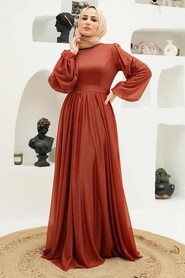 Terra Cotta Hijab Evening Dress 55410KRMT - Thumbnail
