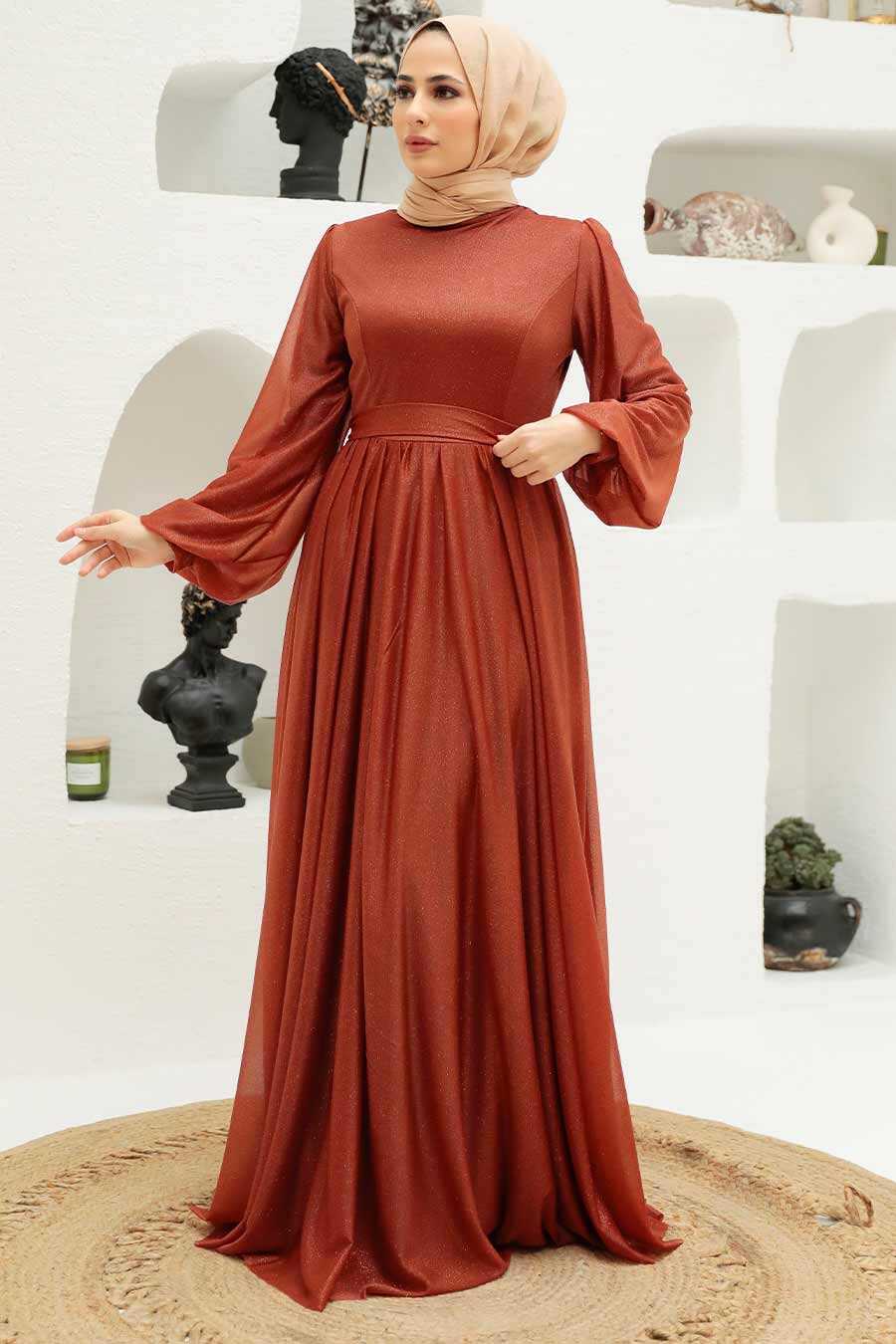 Terra Cotta Hijab Evening Dress 55410KRMT