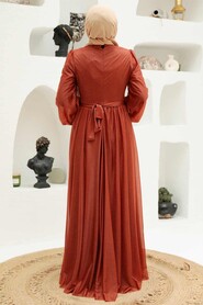 Terra Cotta Hijab Evening Dress 55410KRMT - Thumbnail