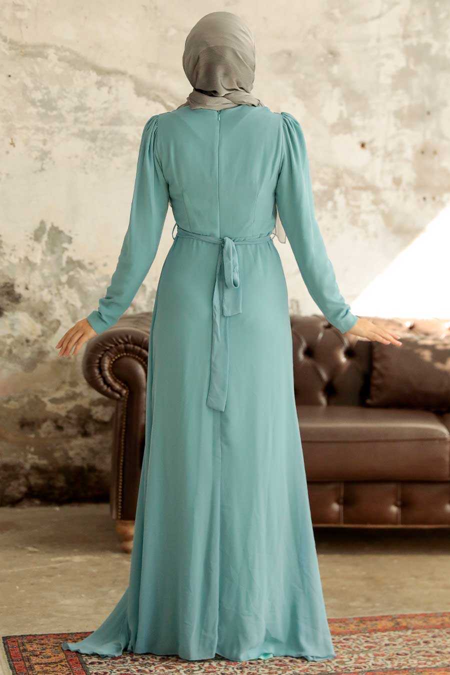 Turqouse Hijab Evening Dress 5736TR