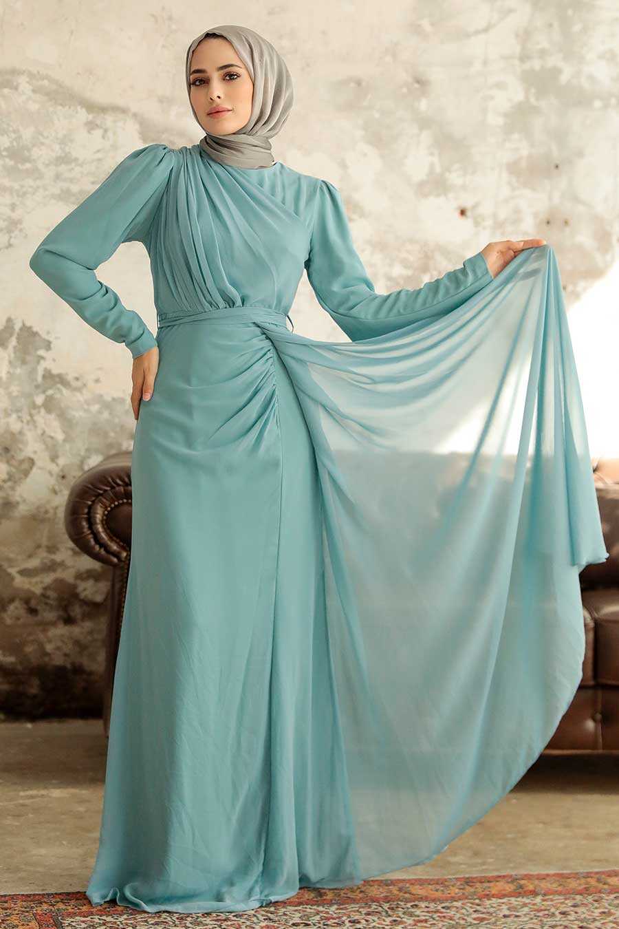 Turqouse Hijab Evening Dress 5736TR