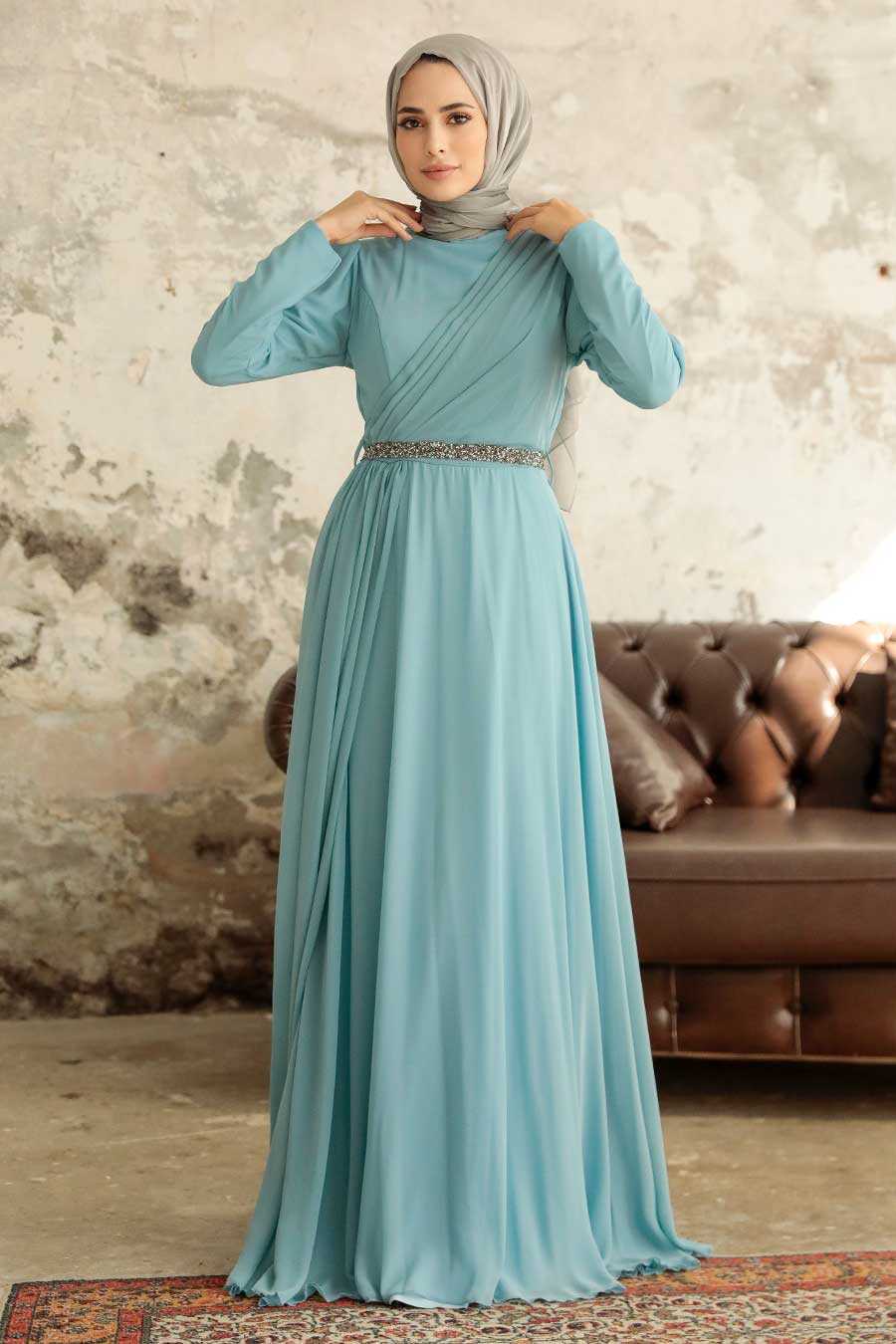 Turqouse Hijab Evening Dress 5737TR