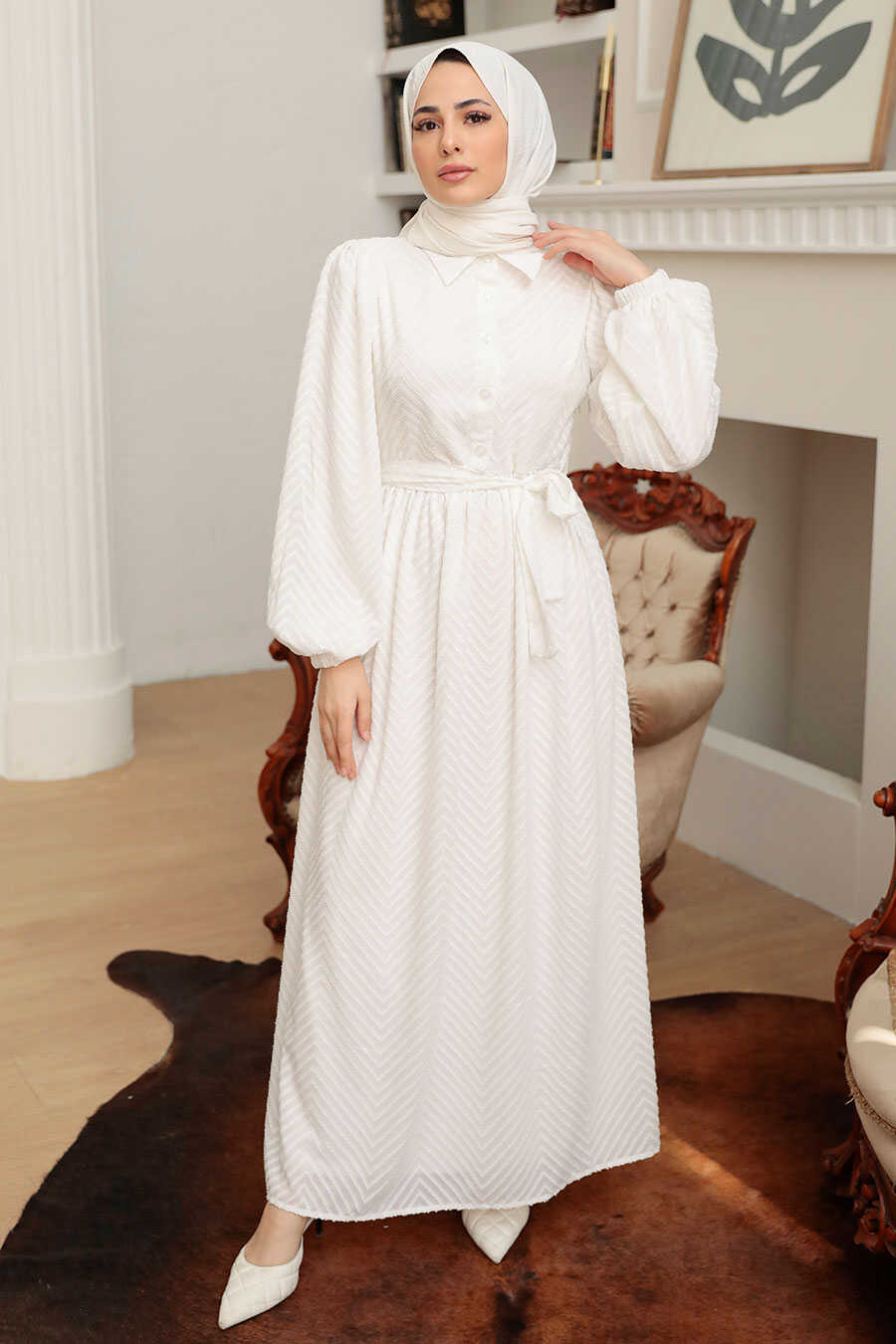 White Hijab Dress 13390B