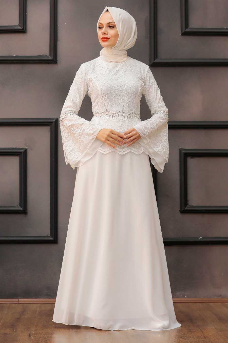 White Hijab Evening Dress 20671B