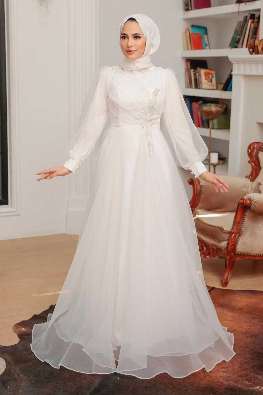 White Hijab Evening Dress 22551B
