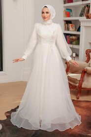White Hijab Evening Dress 22551B - Thumbnail