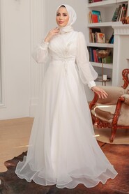White Hijab Evening Dress 22551B - Thumbnail