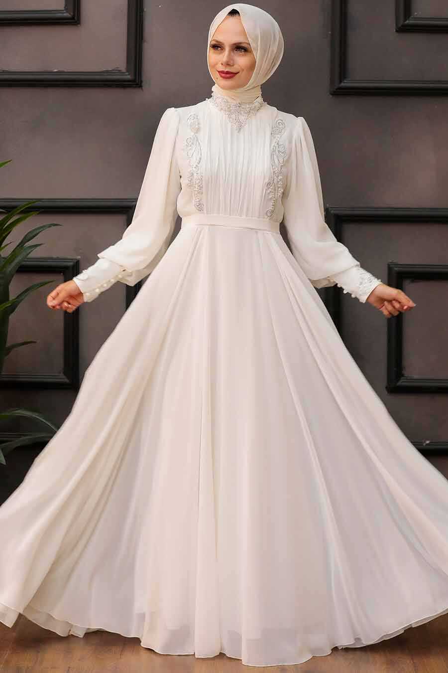White Hijab Evening Dress 25781B