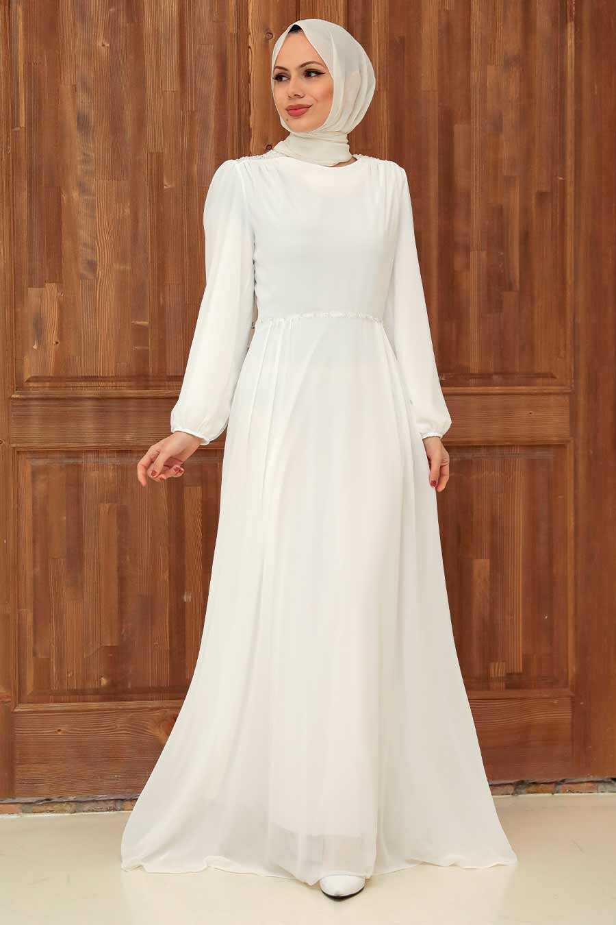 White Hijab Evening Dress 33490B