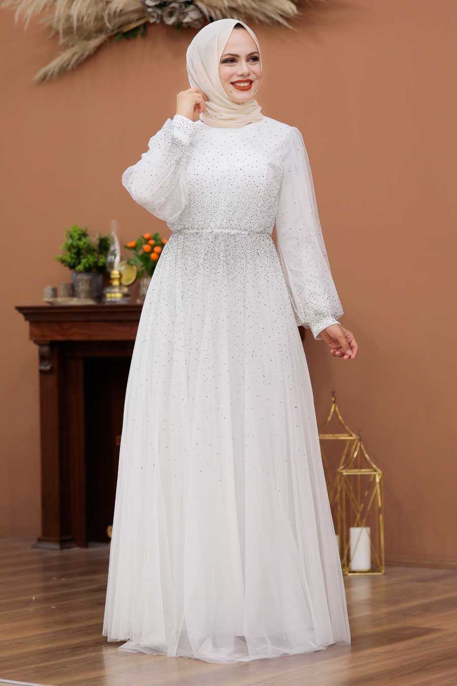 White Hijab Evening Dress 3497B