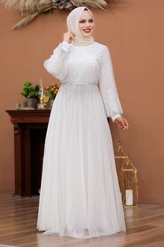 White Hijab Evening Dress 3497B - Thumbnail