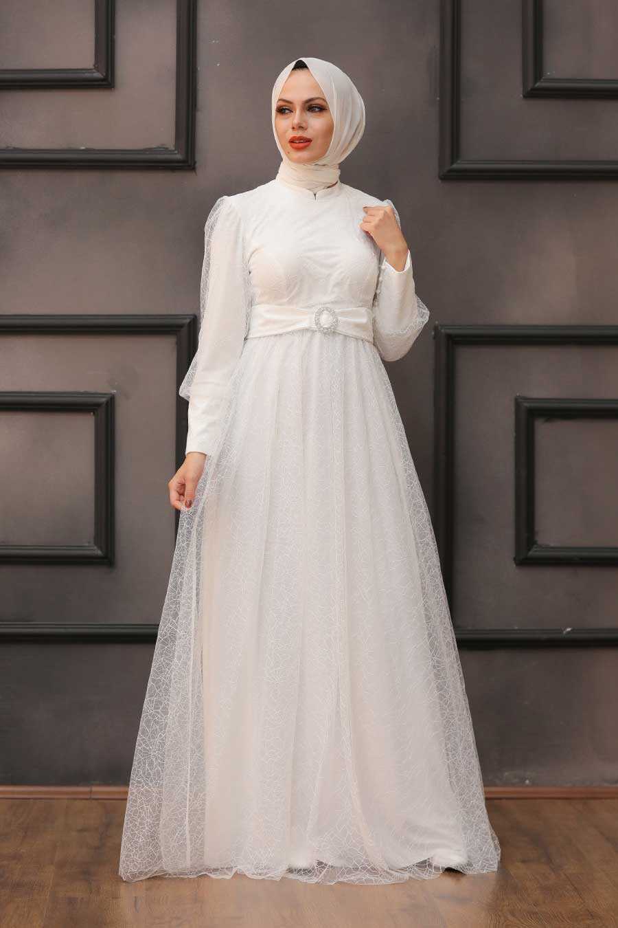 White Hijab Evening Dress 3514B