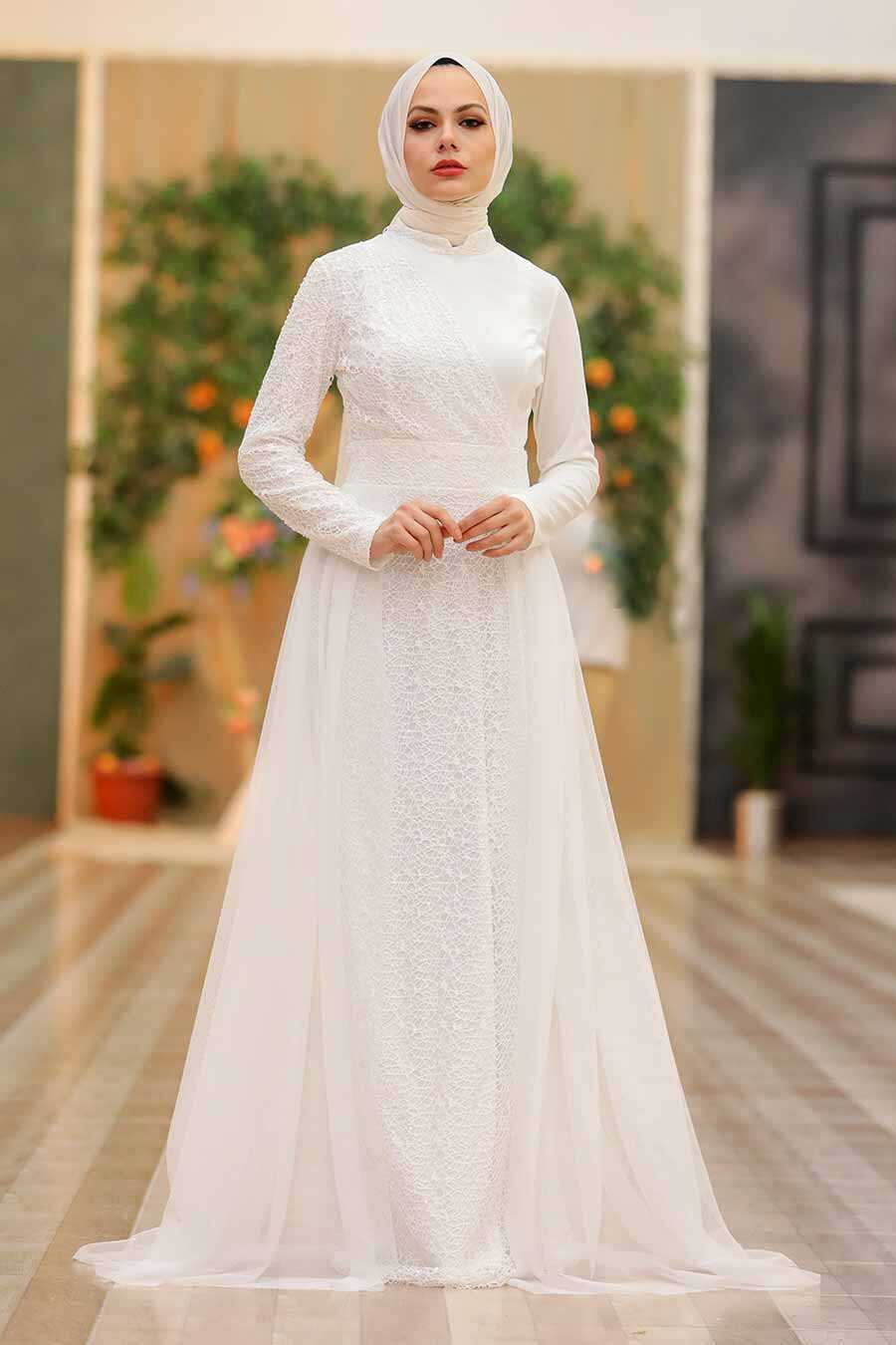 White Hijab Evening Dress 5345B