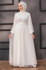 White Hijab Evening Dress 5514B - Thumbnail