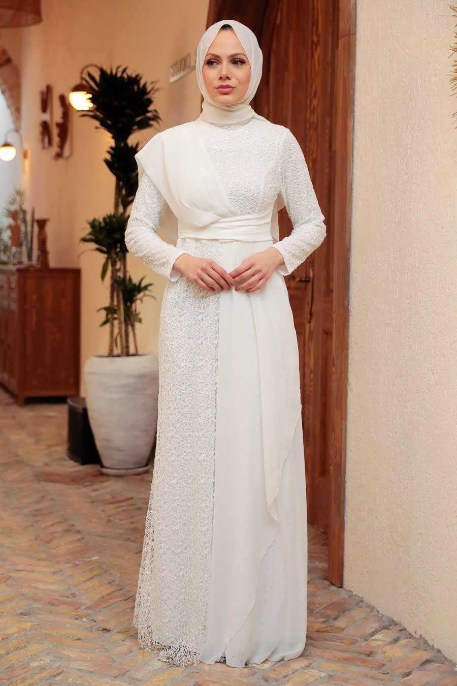 White Hijab Evening Dress 56180B