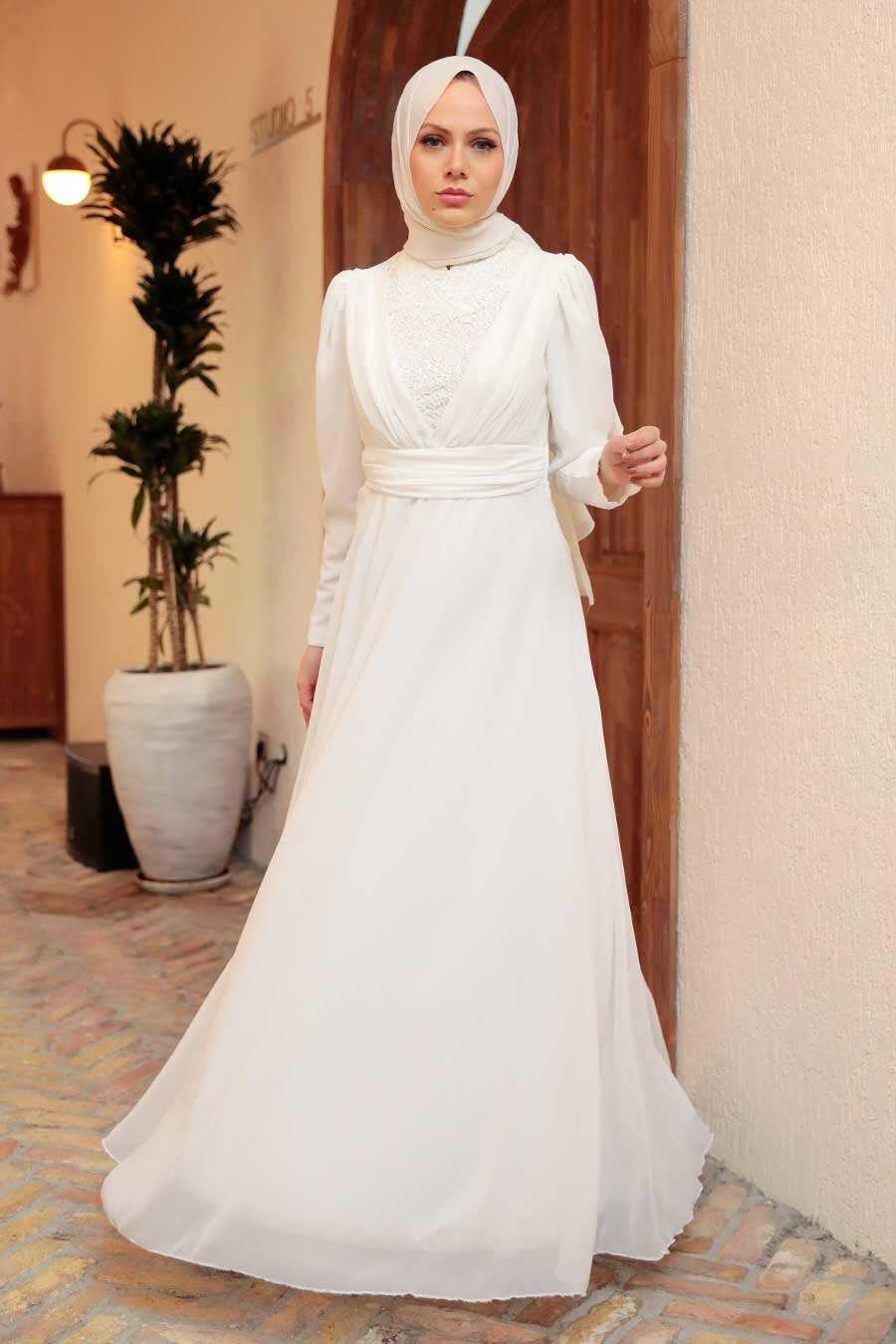 White Hijab Evening Dress 56280B