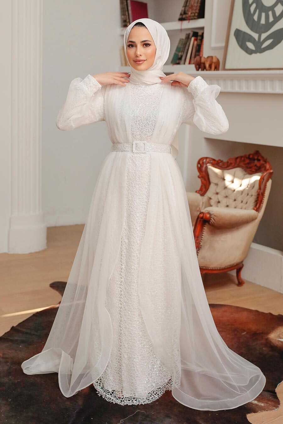 White Hijab Evening Dress 56291B