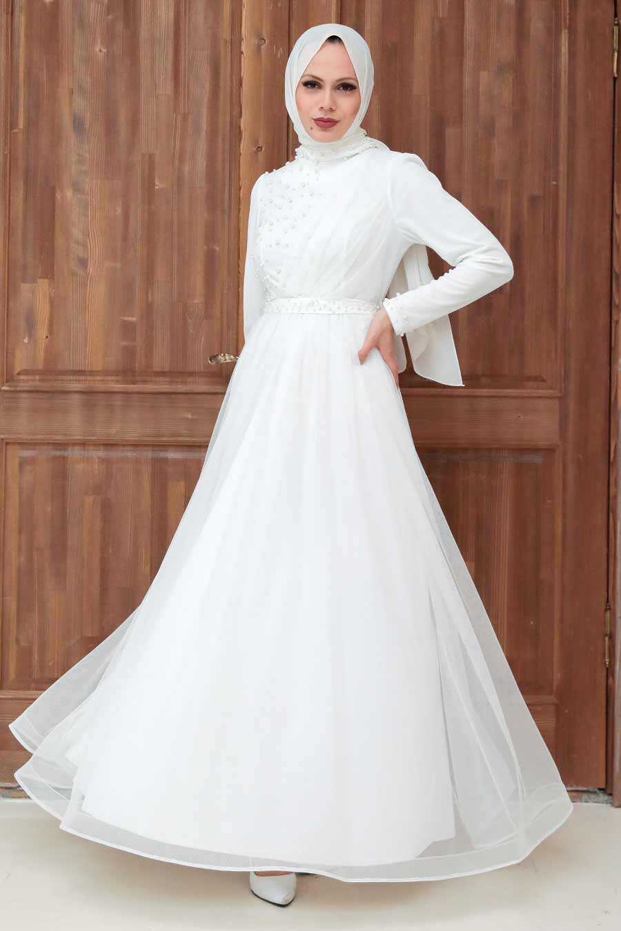 White Hijab Evening Dress 56641B