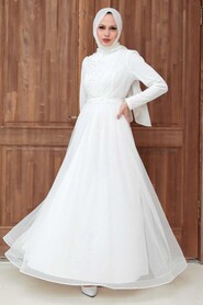 White Hijab Evening Dress 56641B - Thumbnail
