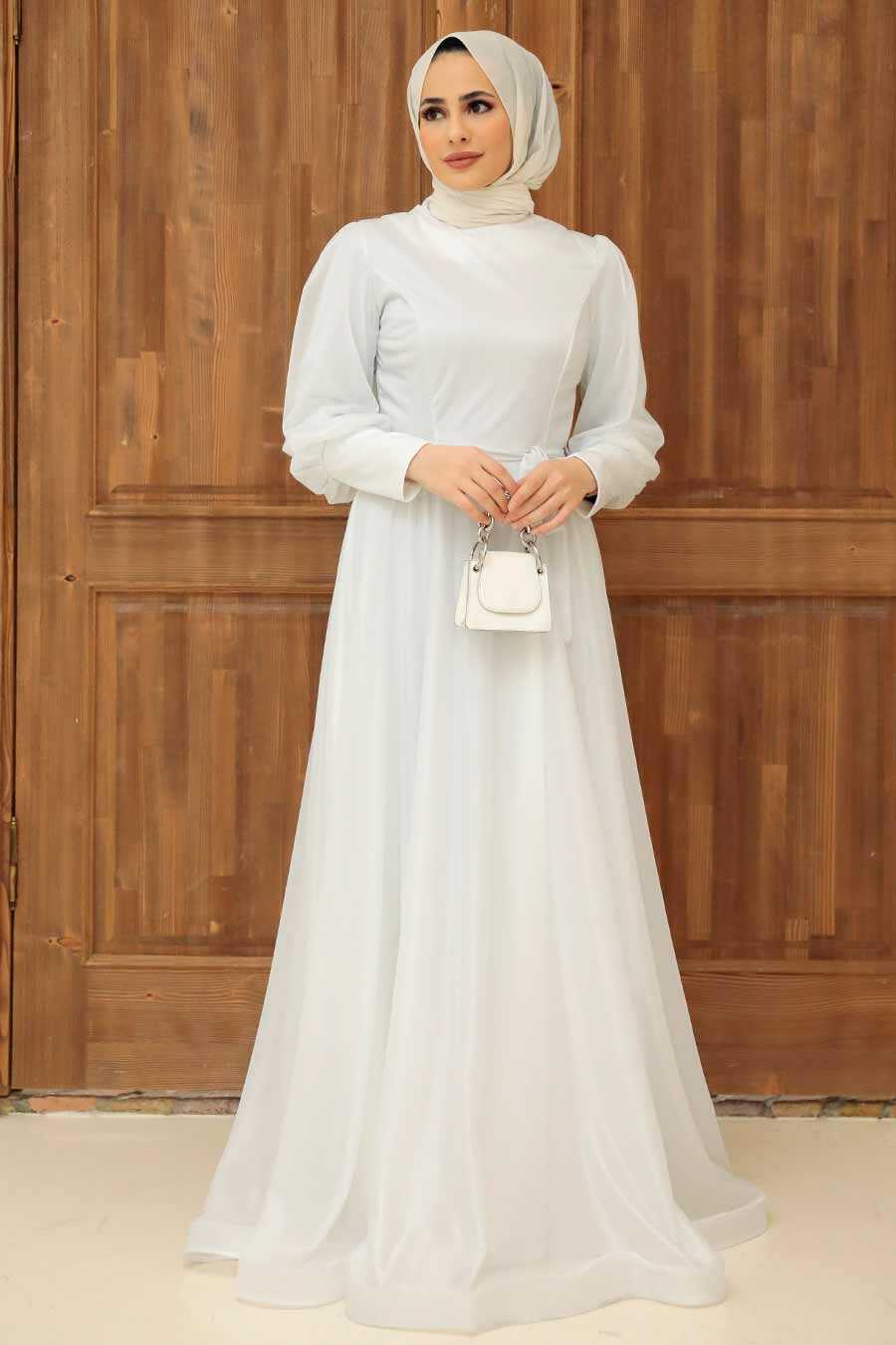 White Hijab Evening Dress 56721B