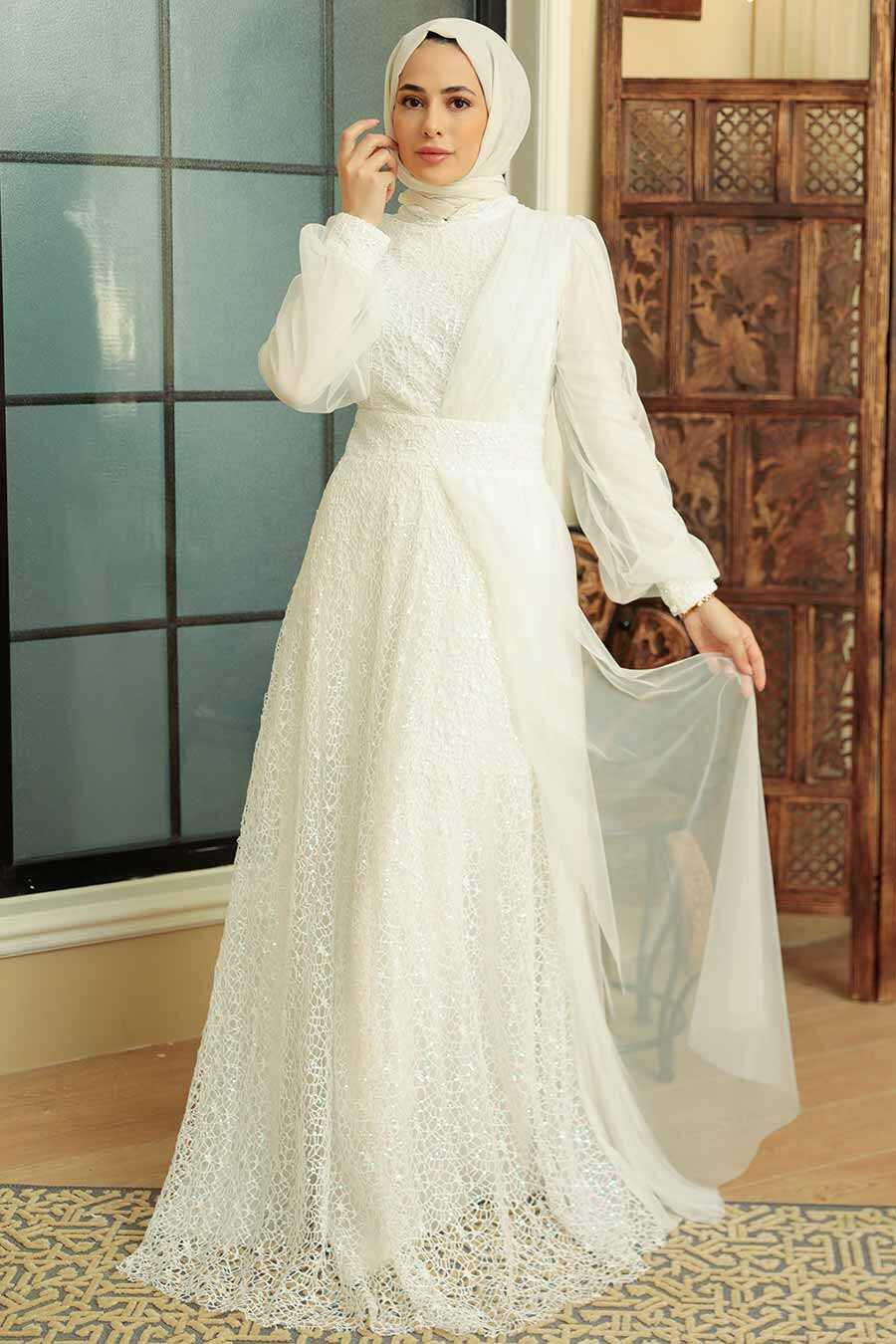 White Hijab Evening Dress 5696B